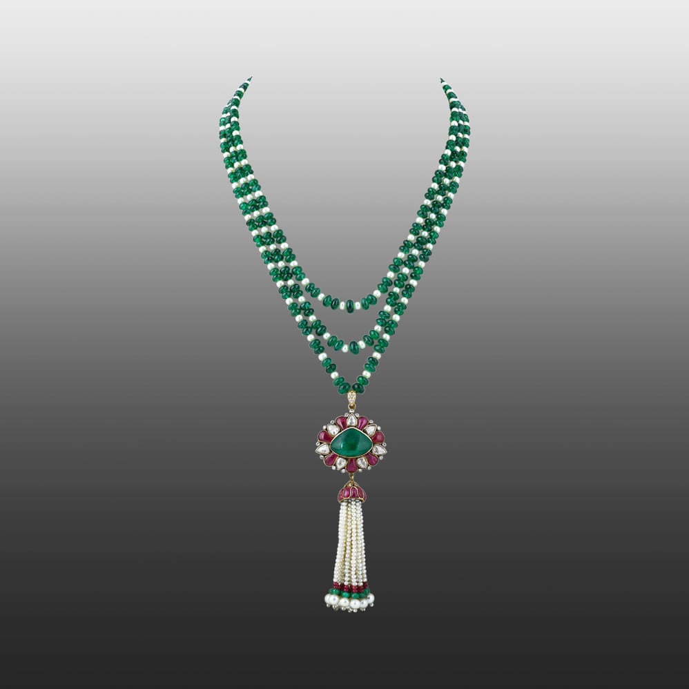 Tri-Layered Emerald and Pearl Necklace with Tassel Pendant